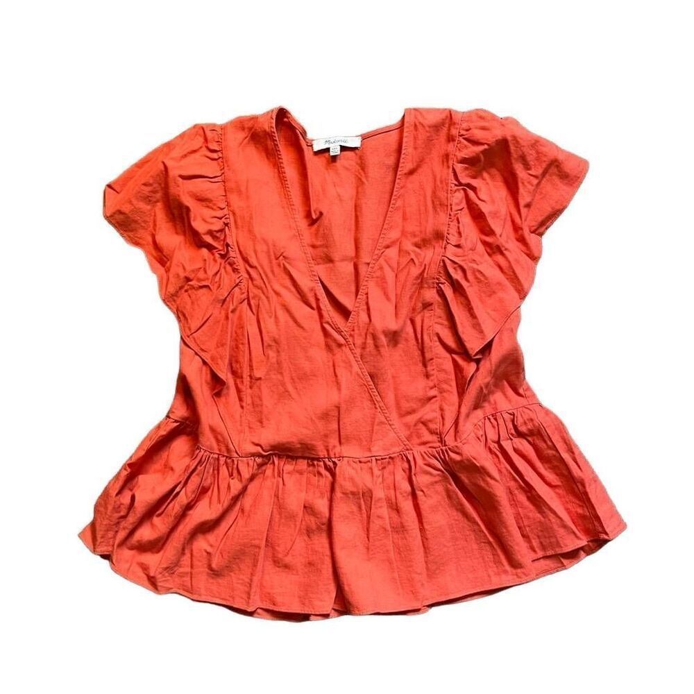 Madewell Top Women's 2XS Linen Orange V-Neck‎ Flared Hem XXS Casual Preppy